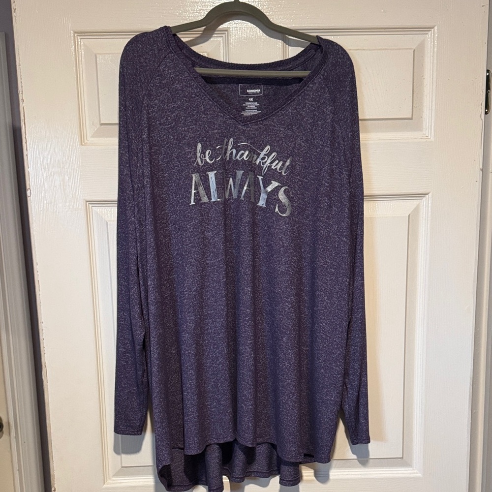 Sonoma Purple V-Neck Be Thankful Always Silver Script Sweater